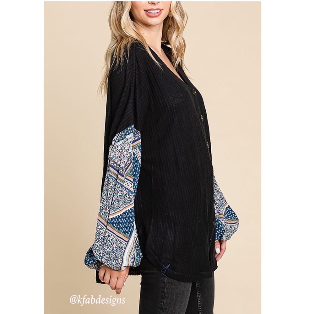 LAST 1! Boho Balloon Sleeve Black/Blue Waffle Knit Oversized Button Down Top - Picture 5 of 7